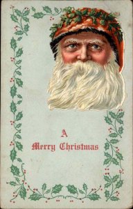 Christmas Santa Claus Die Cut Holly Border c1910 Vintage Postcard