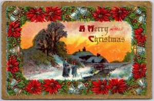 A Merry Christmas Winter Snow Countryside Village Flower Frame Postcard