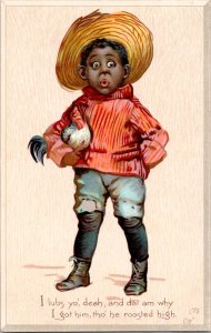 Black Americana Boy with Rooster Tucks Valentines Postcards