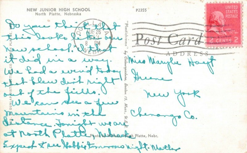 Circa 1953 New Junior High School North Platte, Nebraska Postcard