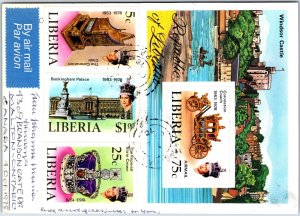 VINTAGE CONTINENTAL SIZED POSTCARD FULLY LOADED STAMPS & SOUVENIR SHEET LIBERIA 