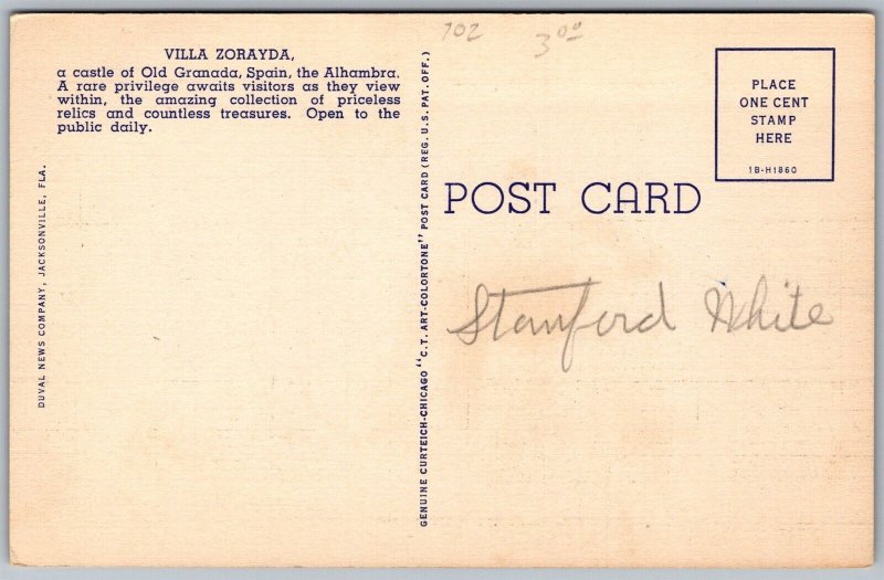 Vtg St Augustine Florida FL Villa Zorayda Spanish Style Castle 1940s Postcard