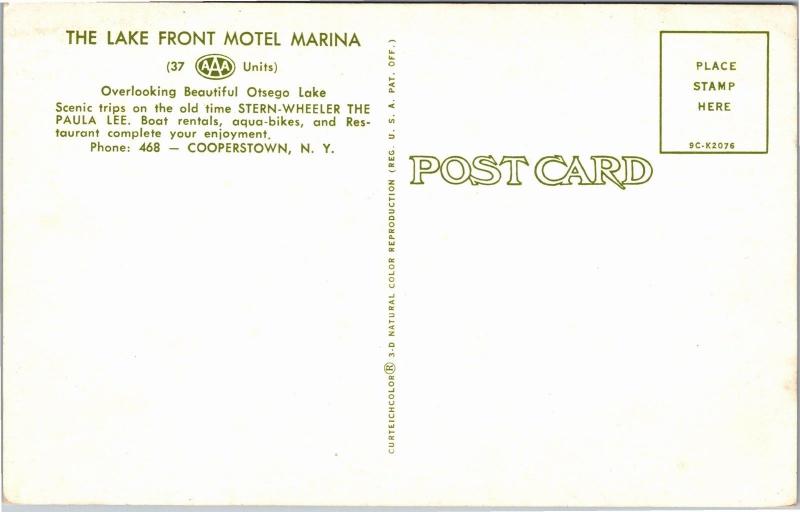 Lake Front Motel Marina, Otsego Lake, Boats Docks Cooperstown NY Postcard J16