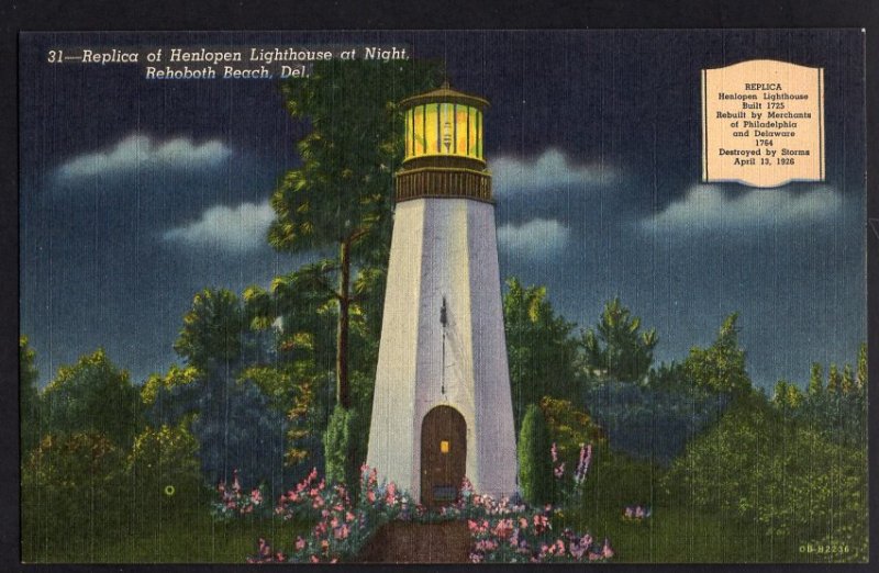 Delaware REHOBOTH BEACH Replica Henlopen Lighthouse at Night LINEN