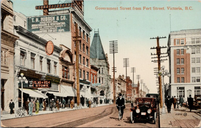 Victoria BC Government St. from Fort St. TN Hibben Sign People Auto Postcard G69