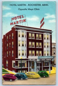 1954 Rochester Minnesota Postcard Hotel Martin Opposite Mayo Clinic Building