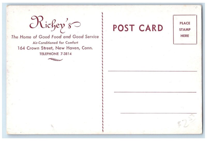 c1950's Richeys Restaurant Interior Dining Set Up New Haven Connecticut Postcard