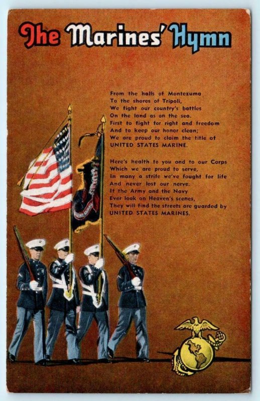 THE MARINES' HYMN ~ Flags Patriotic ca 1940s WWII Era Linen Postcard