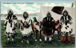 FOUR BEAUTIES OF THE ARCTIC w/ PET REINDEER ANTIQUE POSTCARD