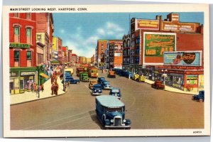 Postcard CT Hartford Main Street Looking West Coca Cola