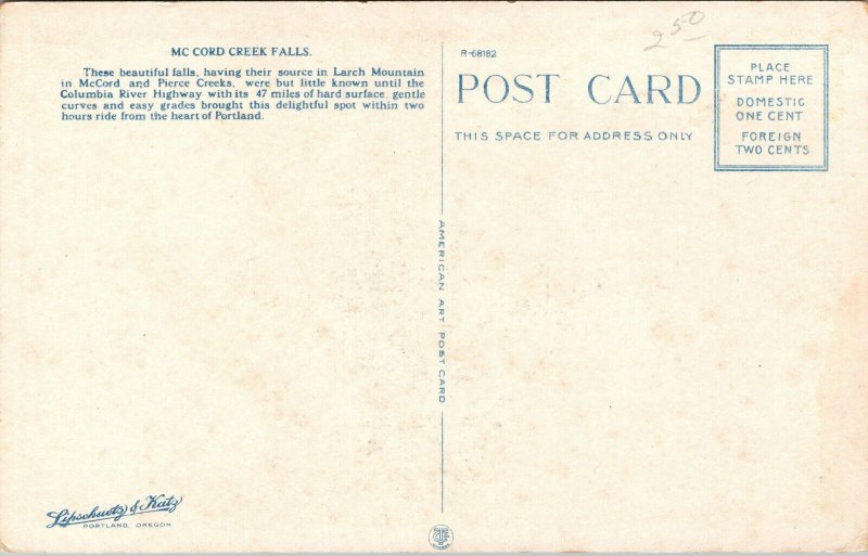 Vtg 1920s Mccord Creek Falls Columbia River Highway Oregon OR Postcard