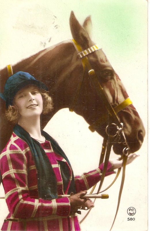 Pretty lady with her horse Old vintage French postcard