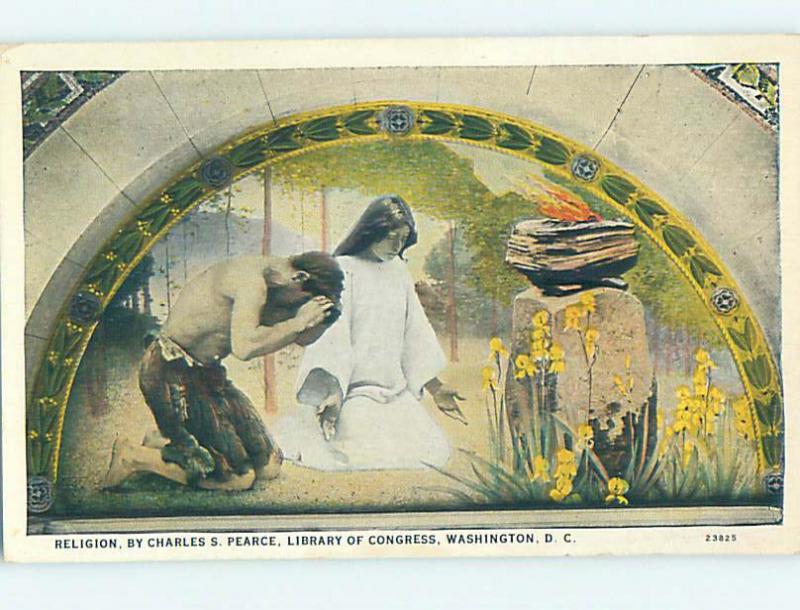 Unused W-Border POSTCARD OF PAINTING AT LIBRARY OF CONGRESS Washington DC hs2360