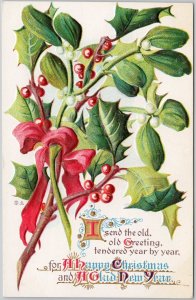 Vintage Holly & Mistletoe Christmas Postcard Lithograph Holly Series No.3 H76