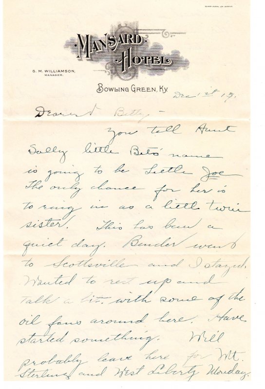 Mansard Hotel – Bowling Green KY – letterhead / letter - 1917 ?