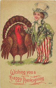 J17/ Uncle Sam Patriotic Postcard c1910 U.S.A. Thanksgiving Turkey 164