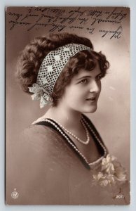 Edwardian Beauty Woman Portrait Pearl Necklace Lace Headband Postcard 1914