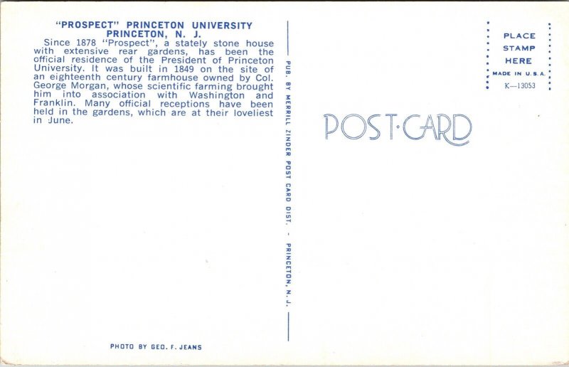 Prospect Princeton University NJ New Jersey Postcard VTG UNP Vintage Unused