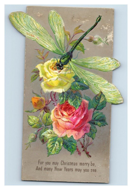 1880s Embossed Victorian Christmas Die-Cut Dragonfly & Roses P178