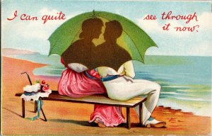 Couple at Beach Under Umbrella, I Can Quite See Through It Vintage Postcard X14