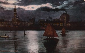 Vintage Postcard 1910's Lakefront Review Buildings at Night Chicago Illinois IL