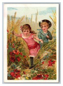 1880's Great Atlantic And Pacific Tea Girl And Boy Field Flowers Trade Card