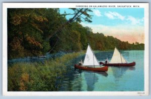 1920's CANOEING ON KALAMAZOO RIVER SAUGATUCK MICHIGAN CANOES SAILS POSTCARD