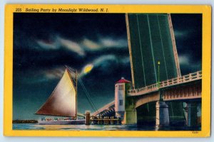 c1940 Wildwood New Jersey NJ Vintage Postcard Sailing Party Moonlight Sail Boat