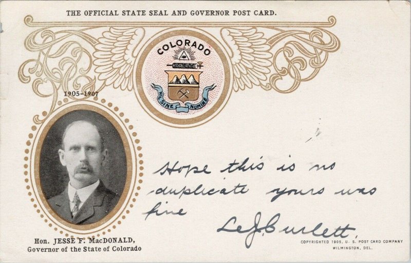 Hon. Jesse MacDonald Governor of Colorado State Seal c1905 Postcard G17 *as is