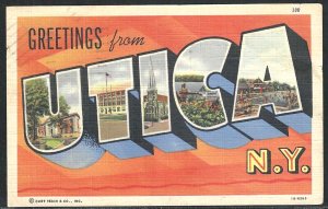 Large Letter: Greetings From Utica, New York, Early Linen Postcard, Used in 1950