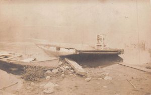 BARGE OR DOCK WITH WINCH AND SMALL ROW BOAT~1910s REAL PHOTO POSTCARD