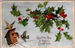 Postcard Christmas Holly and Blue Birds on silver background lightly embossed