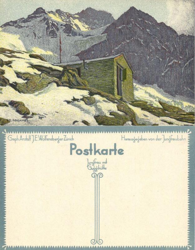 switzerland, Jungfrau mit Guggihütte, Artist Signed Ernst E. Schlatter (1910s)