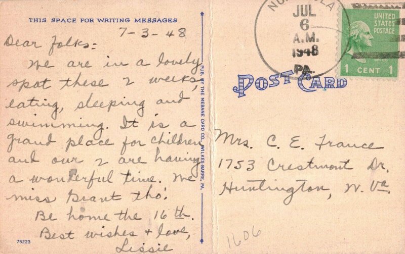 1948 Lake Nuangola East Side Pennsylvania Postcard 2R5-74