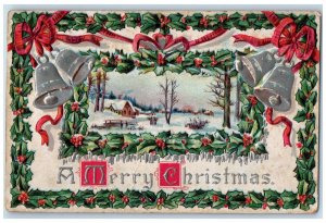 1913 Christmas Holly Berries Bells Ribbon Winter Snow Embossed Antique Postcard