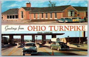 Vtg Greetings From Ohio Turnpike Dual View Banner Toll Gate Rest Area Postcard