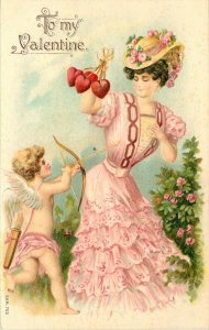 Embossed Valentine Postcard 703 Cupid & Beautiful Woman w Hearts on a String