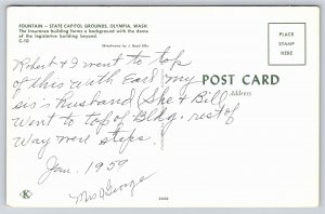 Olympia Washington~Fountain & State Capitol Background~Vintage Postcard