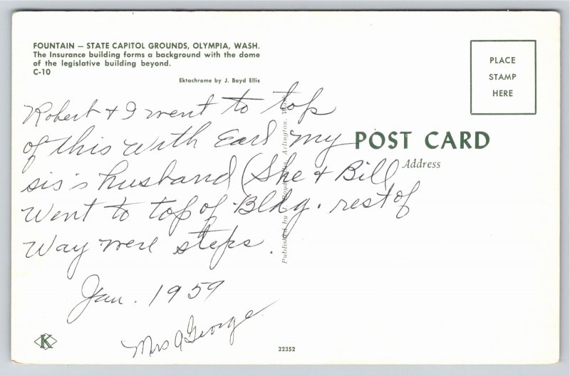 Olympia Washington~Fountain & State Capitol Background~Vintage Postcard
