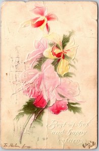 Best Wishes & Happy Returns, 1907 Embossed Colorful Flowers, Vintage Postcard