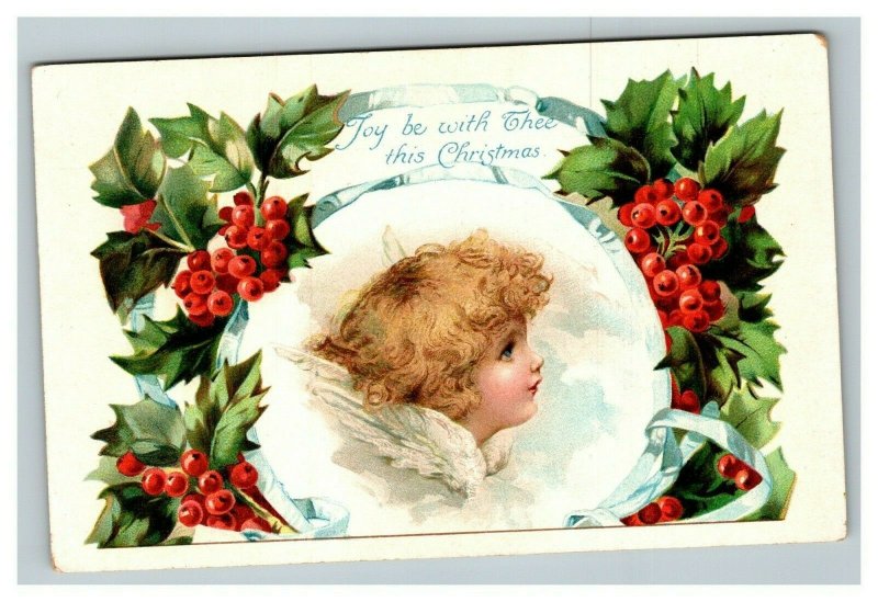 Vintage 1910's Christmas Postcard - Blonde Haired Angel Mistletoe Holly Berries