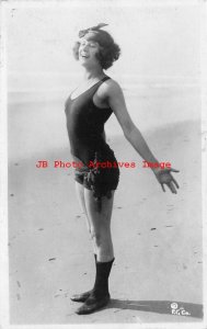 Mack Sennett, RPPC, Silent Film Bathing Beauty Actress Posing on Beach