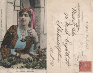 ALGERIAN BEAUTY HAND COLORED REAL PHOTO ANTIQUE POSTCARD RPPC w/ STAMP