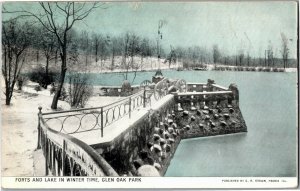 Forts and Lake in Winter Time Glen Oak Park Peoria IL c1910 Vintage Postcard C49