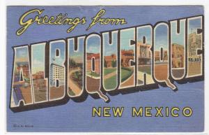 Greetings from Albuquerque New Mexico Large Letter Linen 1951 postcard