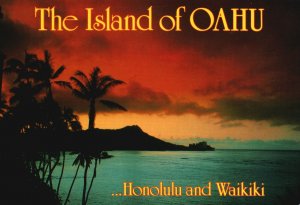 Vintage Postcard Island of Oahu Honolulu & Waikiki Sky Silhouettes Diamond Head