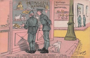 French Soldiers Shopping Dog Urinating Military 1912 Comic Postcard
