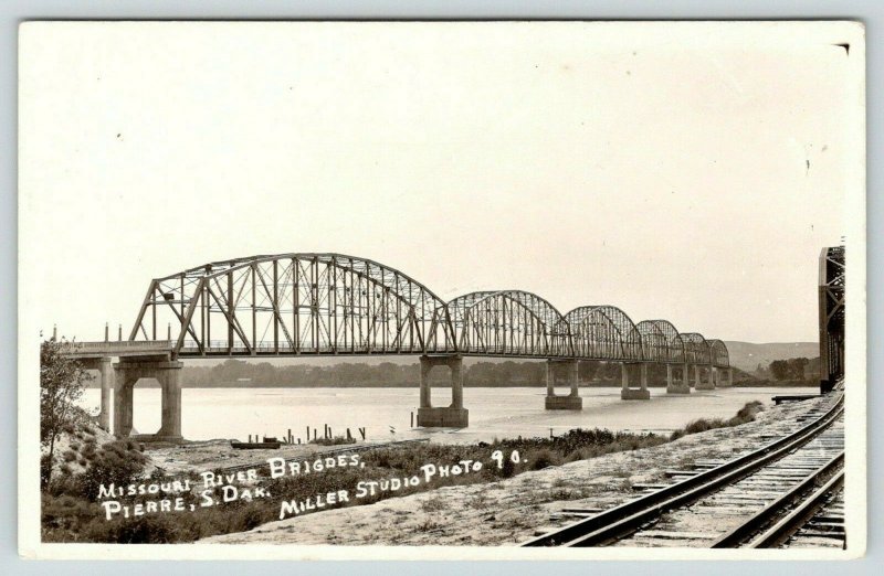 Pierre South Dakota~Missouri River Bridges~Traintracks Foreground~1920s RPPC 