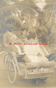 Black Americana, RPPC, Man Driving Couple in a Wicker Carriage Bicycle, Photo