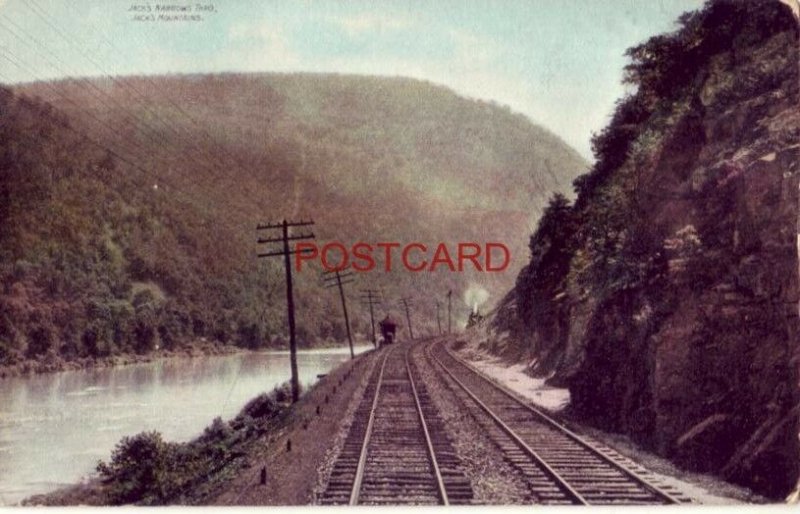 JACK'S NARROW THRO. JACK'S MOUNTAINS. locomotive coming around the bend